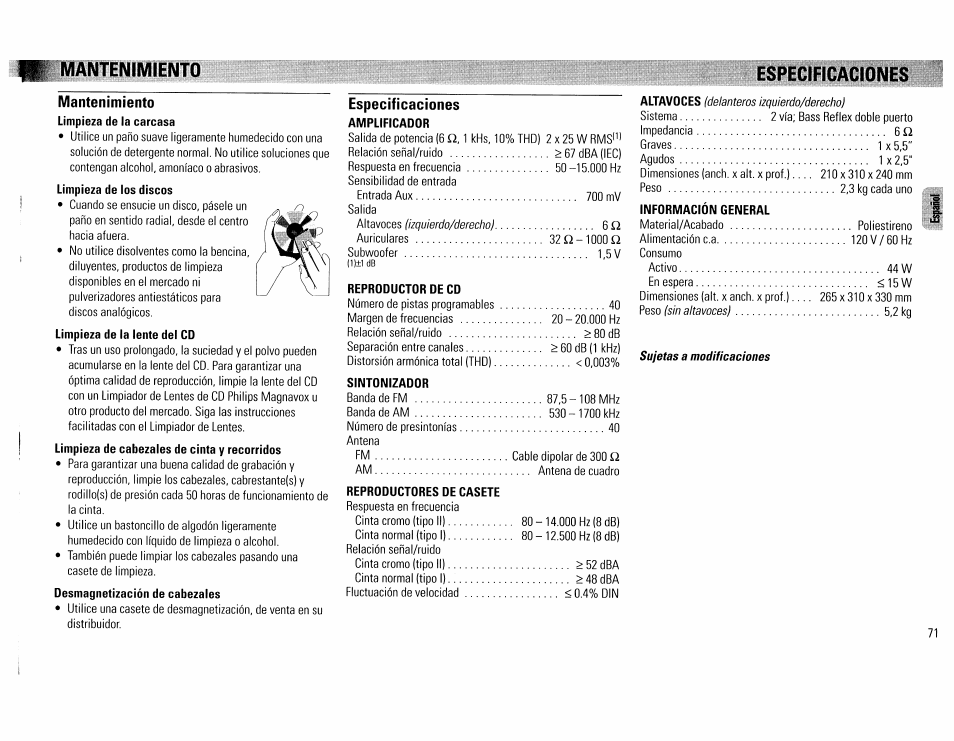 Mantenimiento, Especificaciones, Información general | Philips FW390C User Manual | Page 71 / 74