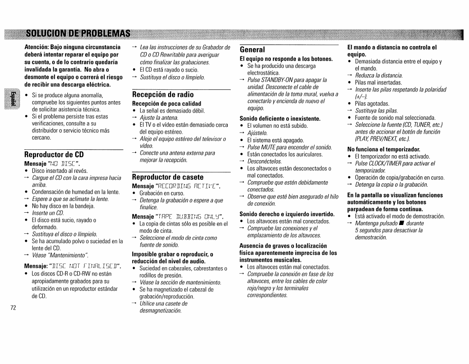 Reproductor de cd, Recepción de radio, Reproductor de casete | General, Solucion di problemas | Philips FW390C User Manual | Page 72 / 74