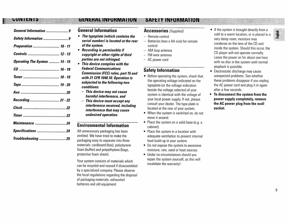 Maintenance 24 environmental information, Accessories (supplied), Safety information | Ut:rai:nat. lnrukmaiiun ^ai-t:ty information | Philips FW390C User Manual | Page 9 / 74