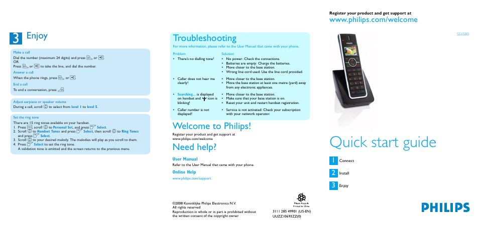 Quick start guide, Enjoy, Welcome to philips | Need help, Troubleshooting | Philips SE6580B/37 User Manual | Page 5 / 6