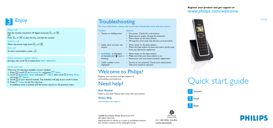 Quick start guide, Enjoy, Welcome to philips | Need help, Troubleshooting | Philips SE6580B/37 User Manual | Page 6 / 6