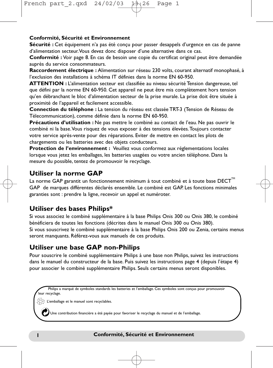 Français, Conformté, sécurité et environnement, Utiliser la norme gap | Utiliser une base gap non-philips, Utiliser des bases philips | Philips Onis 300 Vox User Manual | Page 11 / 47