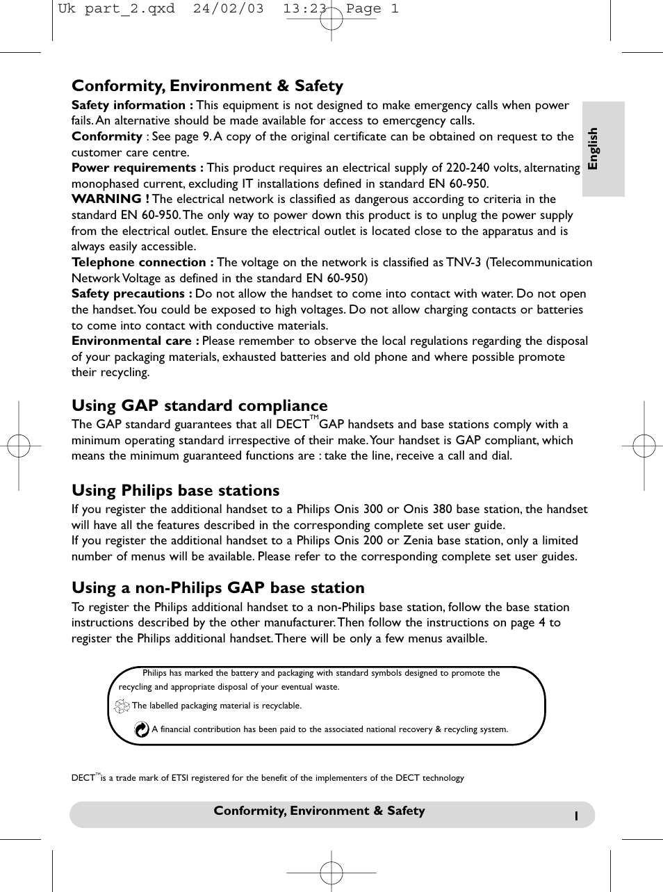 English, Confromity, environment & safety, Conformity, environment & safety | Using gap standard compliance, Using a non-philips gap base station, Using philips base stations | Philips Onis 300 Vox User Manual | Page 2 / 47