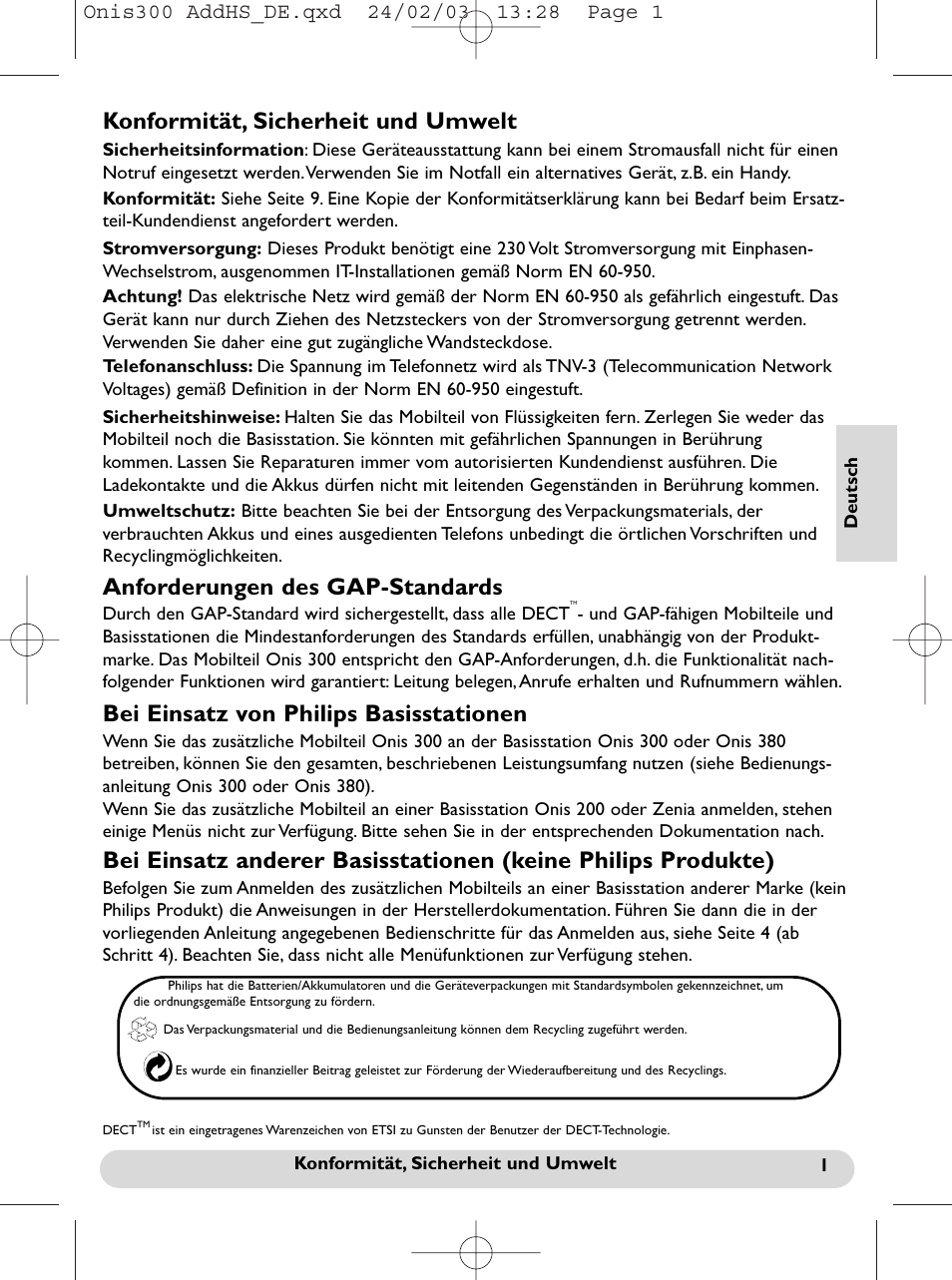 Deutsch, Konformität, sicherheit and umwelt, Konformität, sicherheit und umwelt | Anforderungen des gap-standards, Bei einsatz von philips basisstationen | Philips Onis 300 Vox User Manual | Page 20 / 47