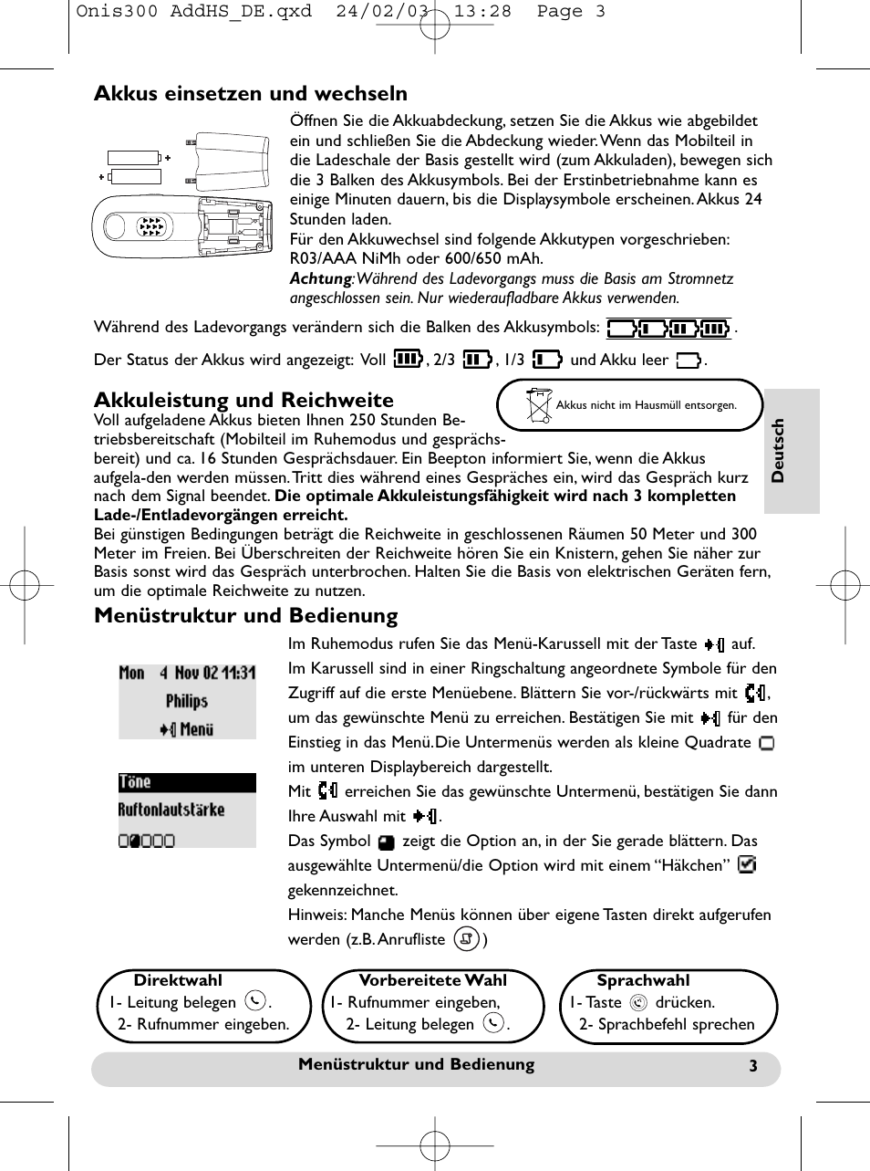 Menüstruktur und bedienung | Philips Onis 300 Vox User Manual | Page 22 / 47