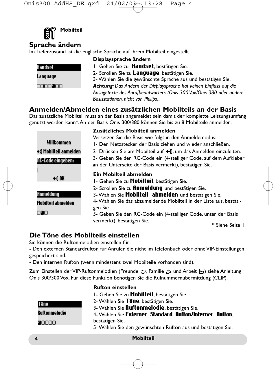 Mobilteil, Die töne des mobilteils einstellen, Sprache ändern | Philips Onis 300 Vox User Manual | Page 23 / 47