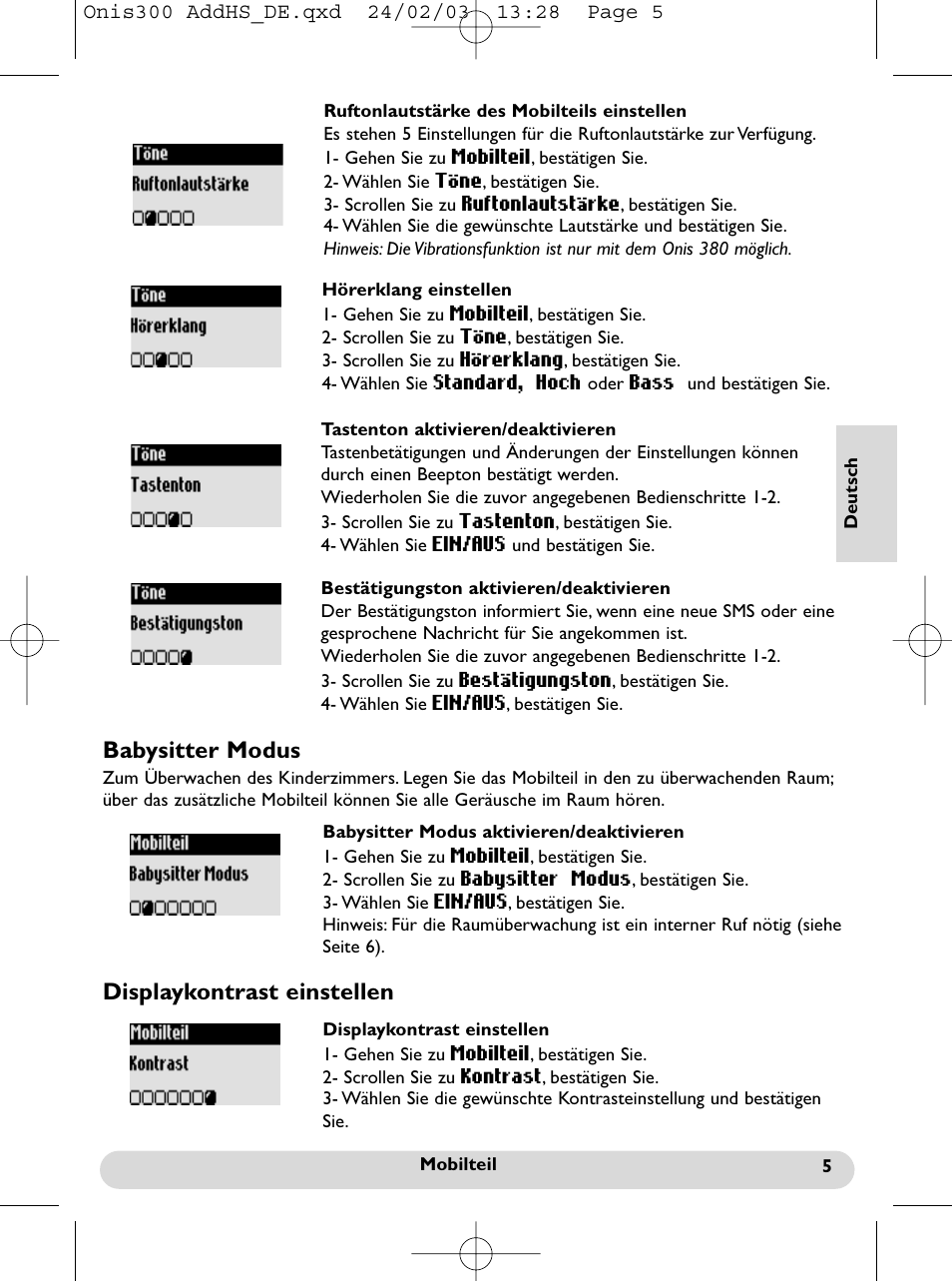 Babysitter modus, Displaykontrast einstellen | Philips Onis 300 Vox User Manual | Page 24 / 47