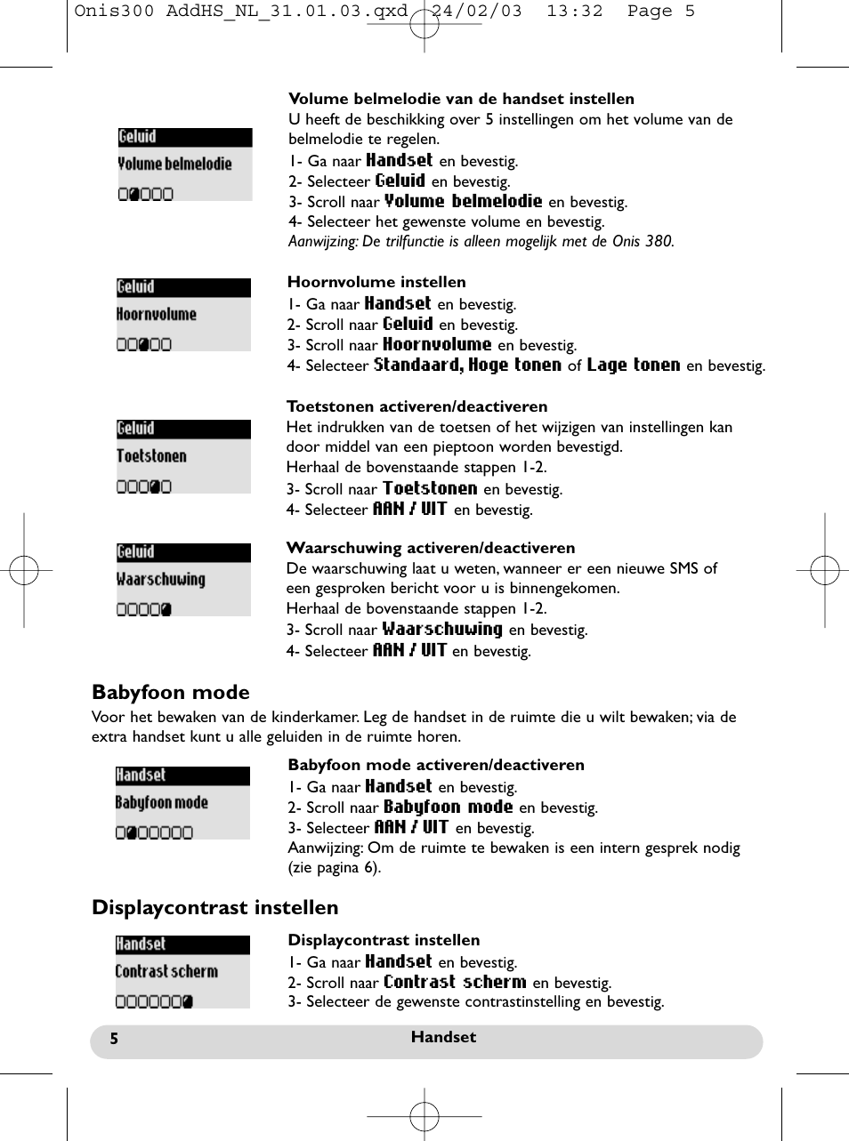 Babyfoon mode, Displaycontrast instellen | Philips Onis 300 Vox User Manual | Page 33 / 47