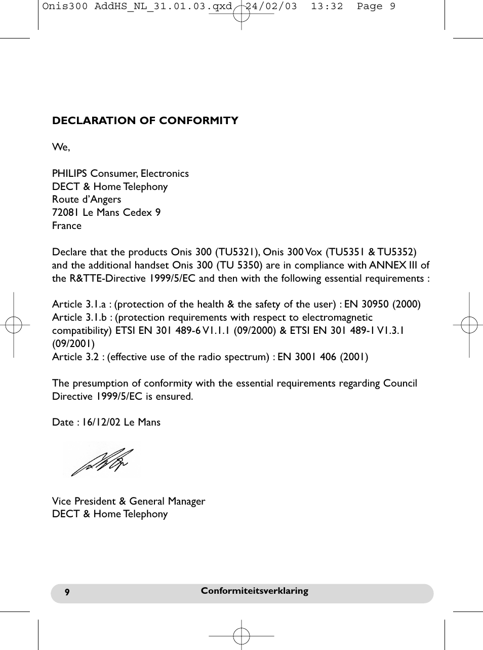 Declaration of conformity | Philips Onis 300 Vox User Manual | Page 37 / 47