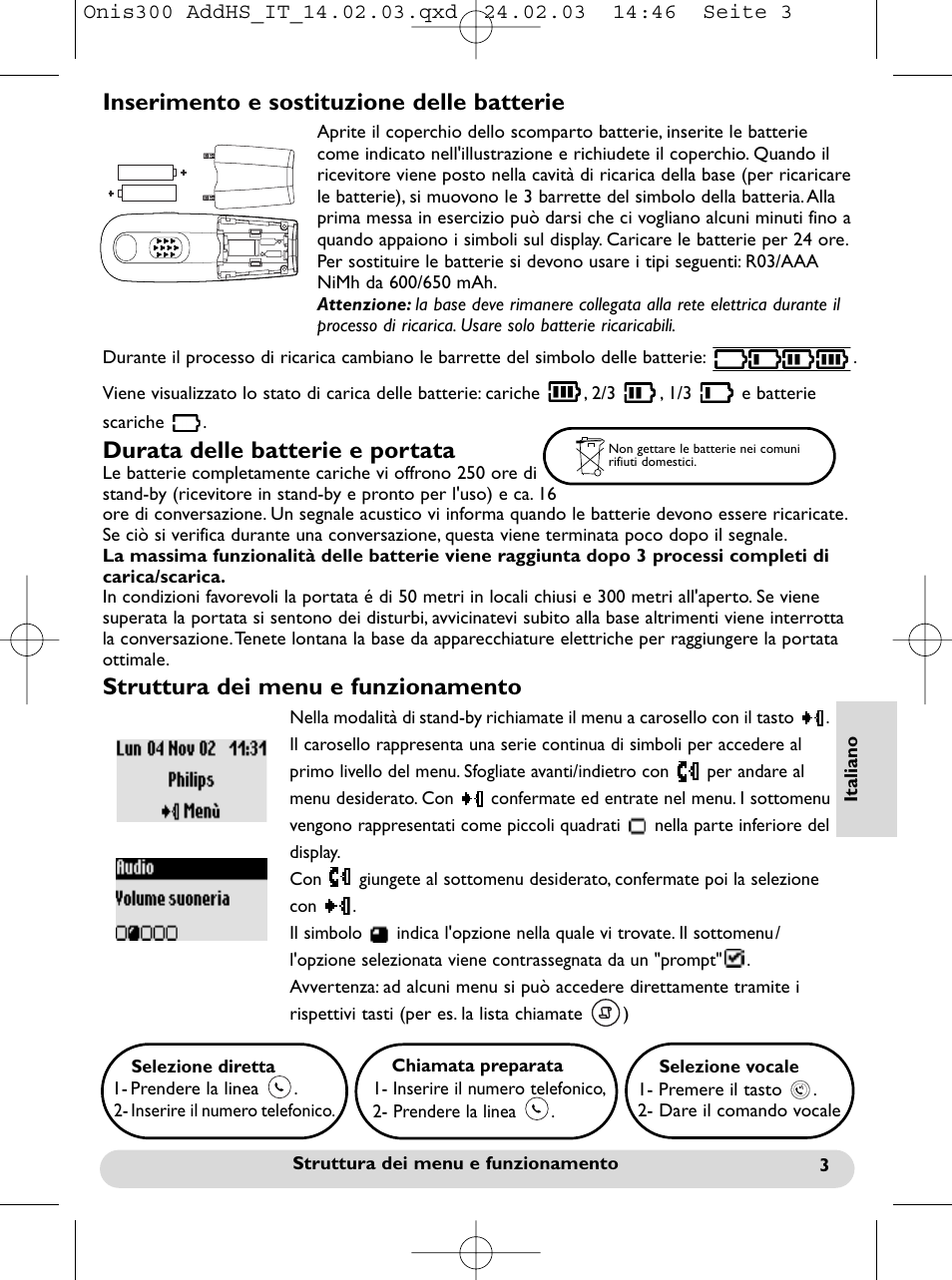 Struttura dei menu e funzionamento, Durata delle batterie e portata | Philips Onis 300 Vox User Manual | Page 40 / 47