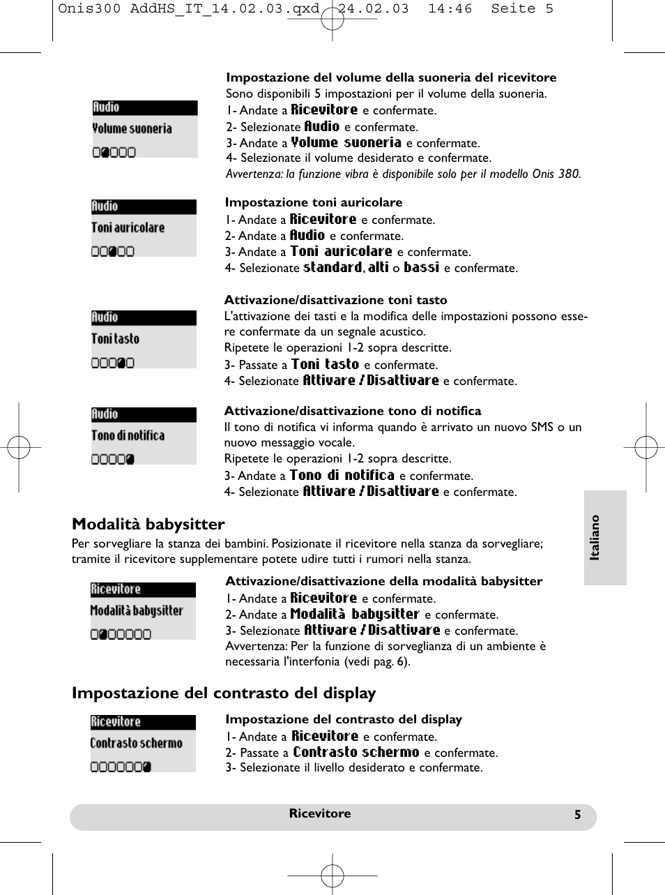 Modalità babysitter, Impostazione del contrasto del display | Philips Onis 300 Vox User Manual | Page 42 / 47