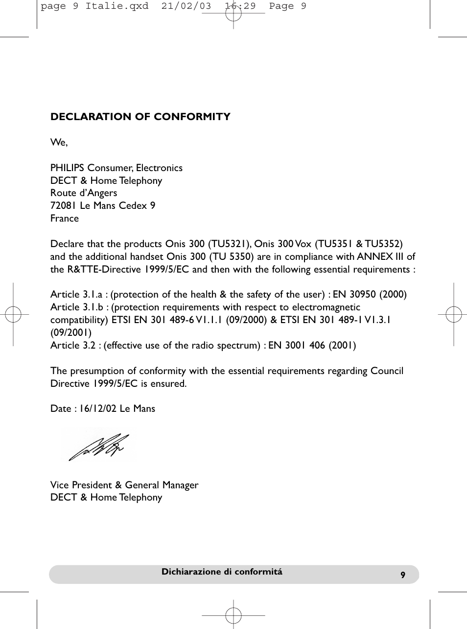 Declaration of conformity | Philips Onis 300 Vox User Manual | Page 46 / 47