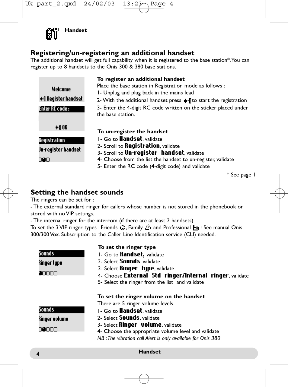 Handset settings, Registering/un-registering an additional handset, Setting the handset sounds | Philips Onis 300 Vox User Manual | Page 5 / 47