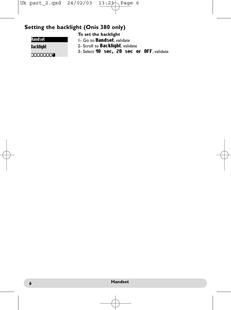 Setting the backlight (onis 380 only) | Philips Onis 300 Vox User Manual | Page 7 / 47