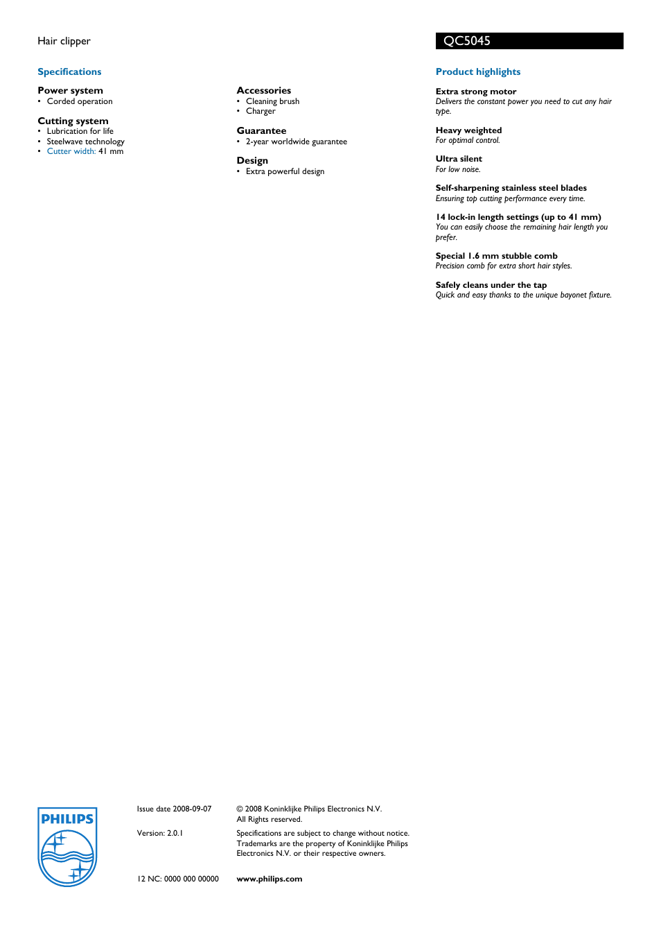 Qc5045 | Philips QC5045 User Manual | Page 2 / 2
