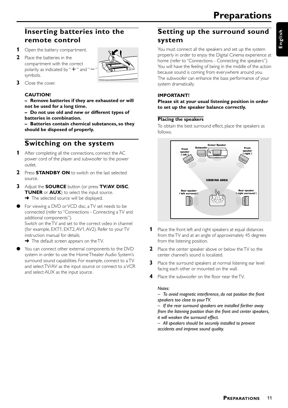 Preparations, Inser ting batteries into the remote control, Switching on the system | Setting up the surround sound system | Philips - MX3660D User Manual | Page 13 / 27