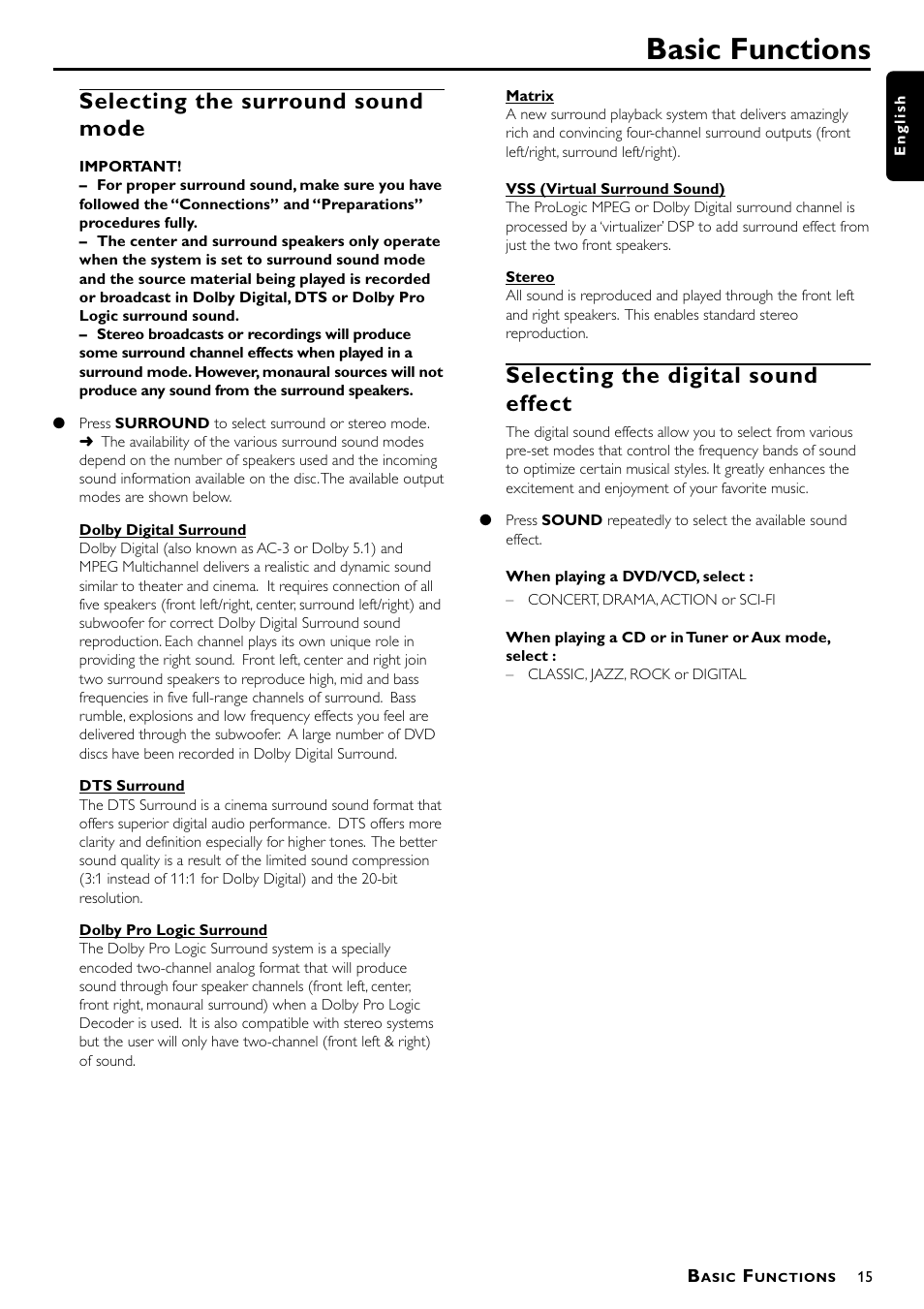 Basic functions, Selecting the surround sound mode, Selecting the digital sound effect | Philips - MX3660D User Manual | Page 17 / 27