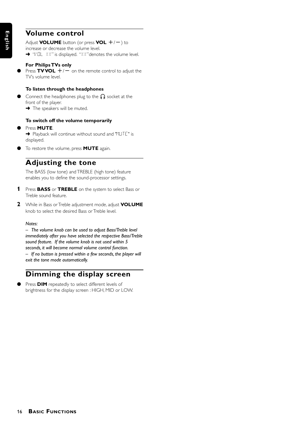 Volume control, Adjusting the tone, Dimming the display screen | Philips - MX3660D User Manual | Page 18 / 27