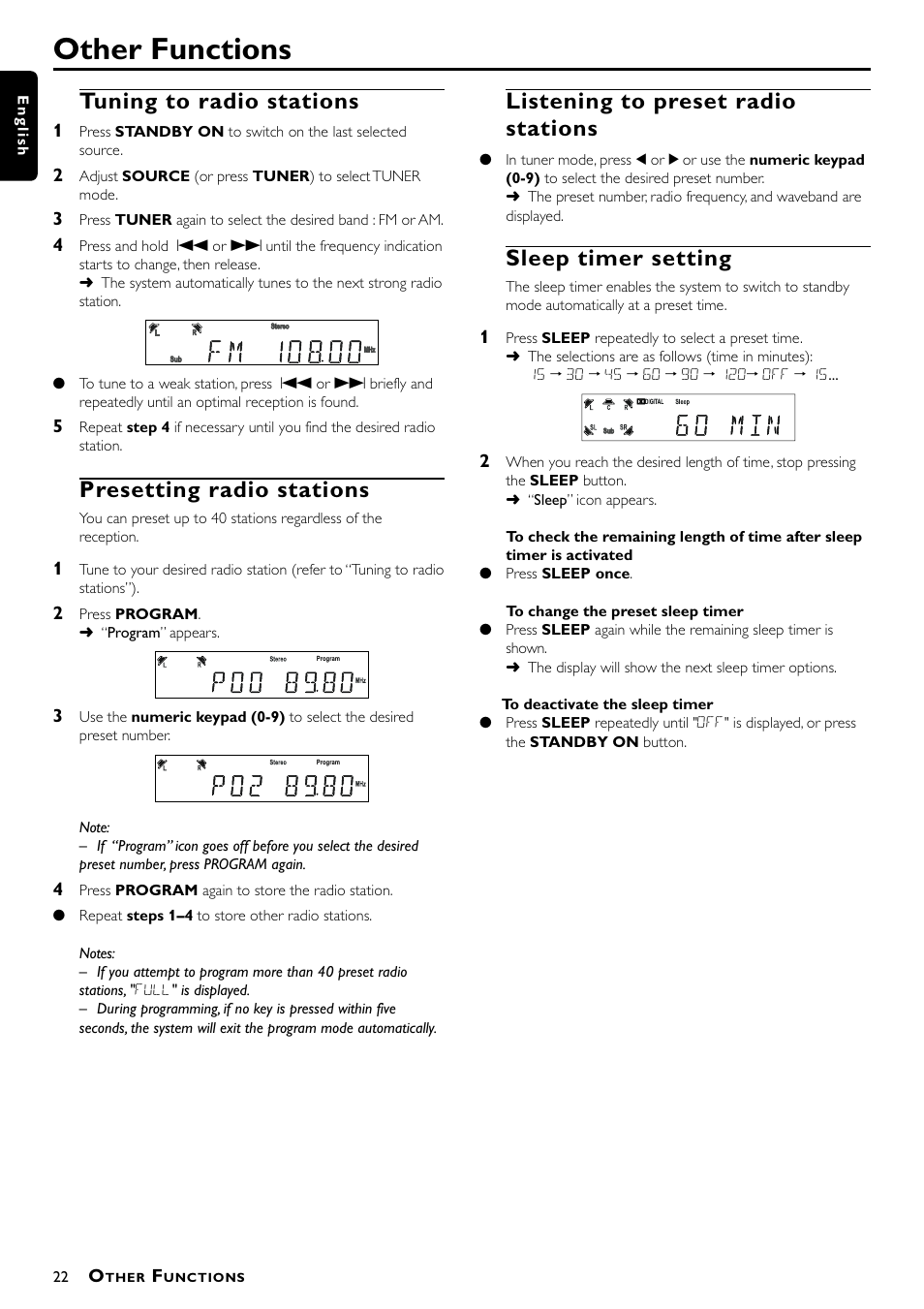 Other functions, Tuning to radio stations, Presetting radio stations | Listening to preset radio stations, Sleep timer setting | Philips - MX3660D User Manual | Page 24 / 27