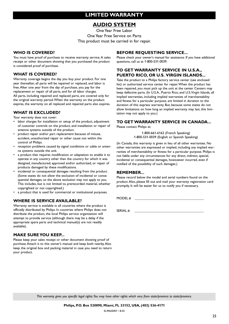 Audio system, Limited warranty | Philips - MX3660D User Manual | Page 27 / 27