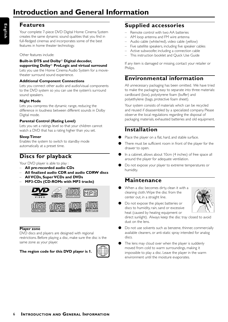 Introduction and general information, Features, Discs for playback | Supplied accessories, Environmental information, Installation, Maintenance | Philips - MX3660D User Manual | Page 8 / 27