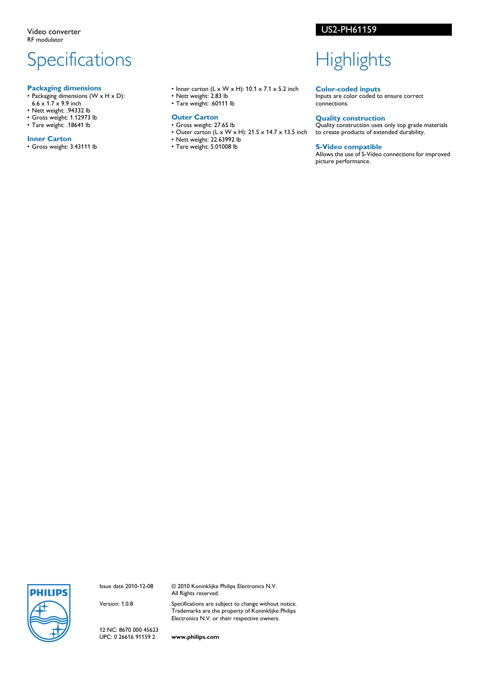 Specifications, Highlights | Philips US2-PH61159 User Manual | Page 2 / 2