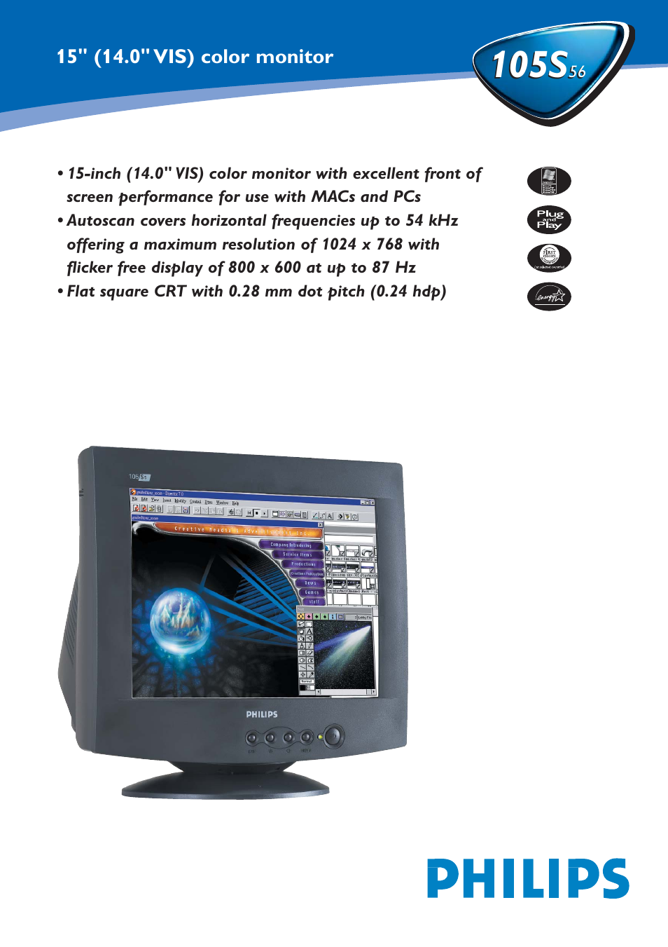 Philips 15" (14.0" VIS) Color Monitor 105S56 User Manual | 2 pages