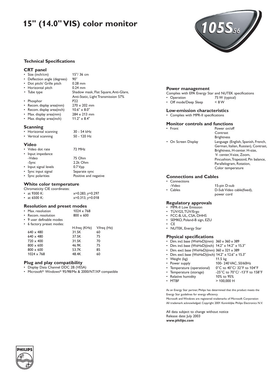 105s | Philips 15" (14.0" VIS) Color Monitor 105S56 User Manual | Page 2 / 2