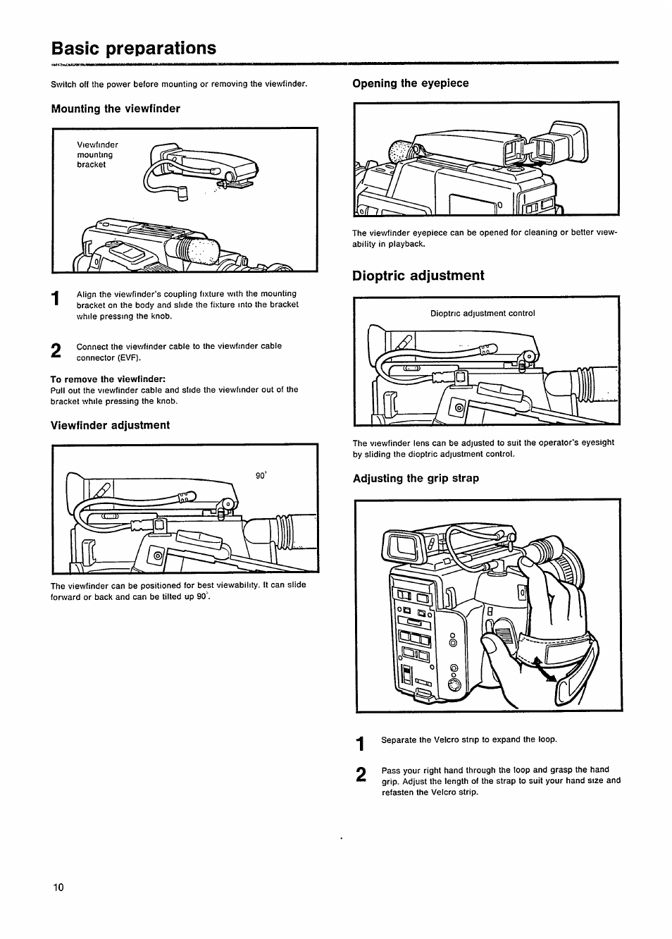 Basic preparations, Mounting the viewfinder, Viewfinder adjustment | Opening the eyepiece, Dioptric adjustment, Adjusting the grip strap | Philips VKR 6865 User Manual | Page 12 / 42