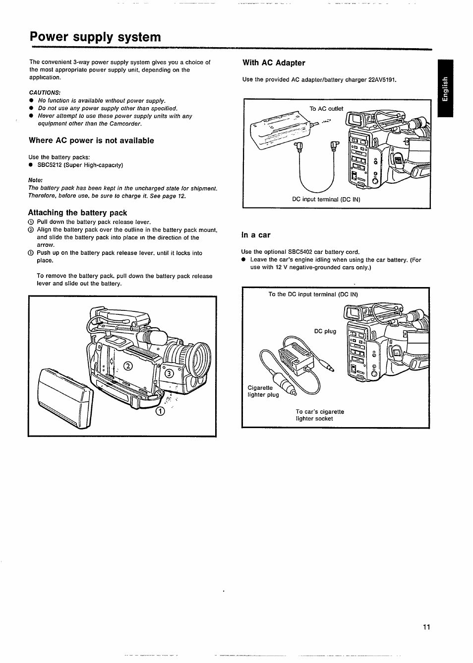 Power supply system, Where ac power is not available, Attaching the battery pack | With ac adapter, In a car, Power suppiy system | Philips VKR 6865 User Manual | Page 13 / 42