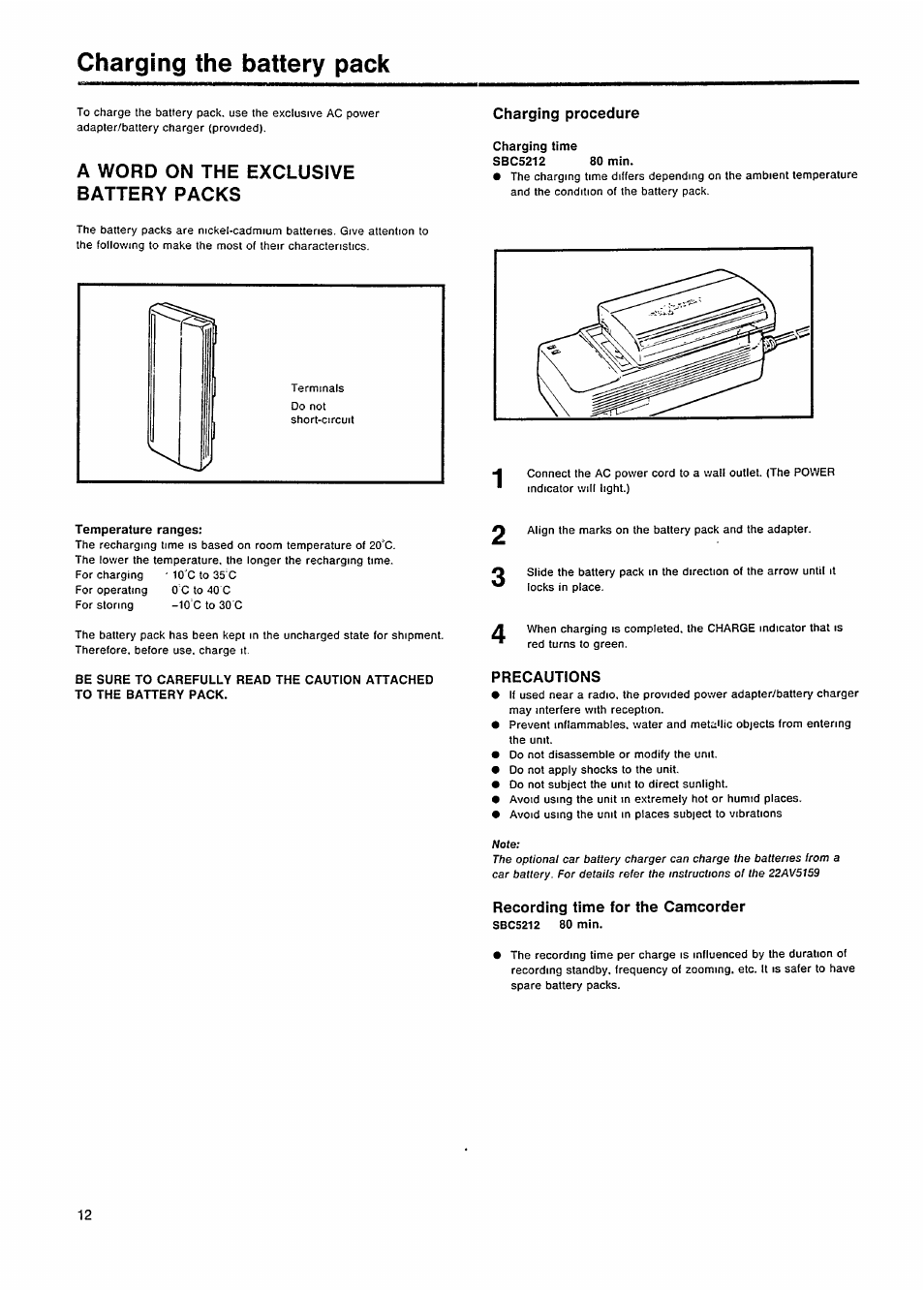 Charging the battery pack, A word on the exclusive battery packs, Charging procedure | Precautions, Recording time for the camcorder | Philips VKR 6865 User Manual | Page 14 / 42