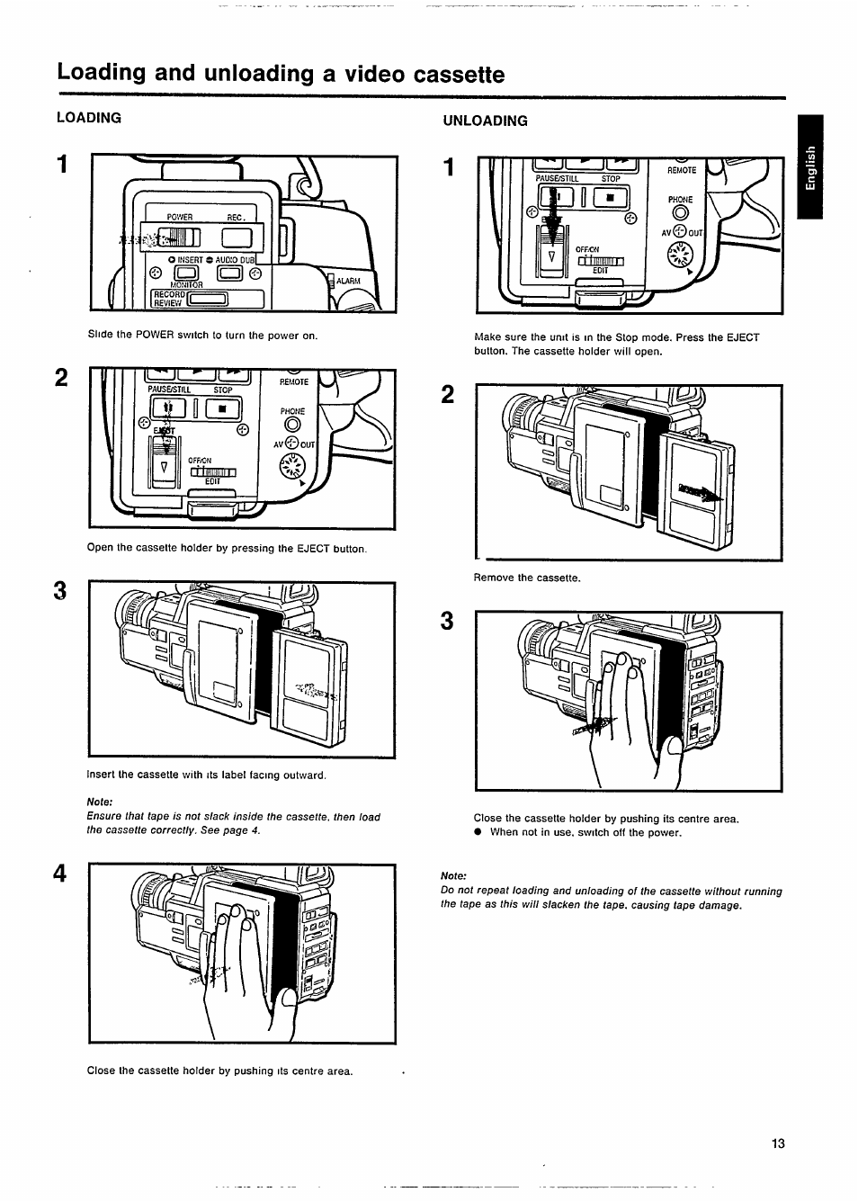 Loading and unloading a video cassette, Loading, Unloading | Loading and unioading a video cassette | Philips VKR 6865 User Manual | Page 15 / 42