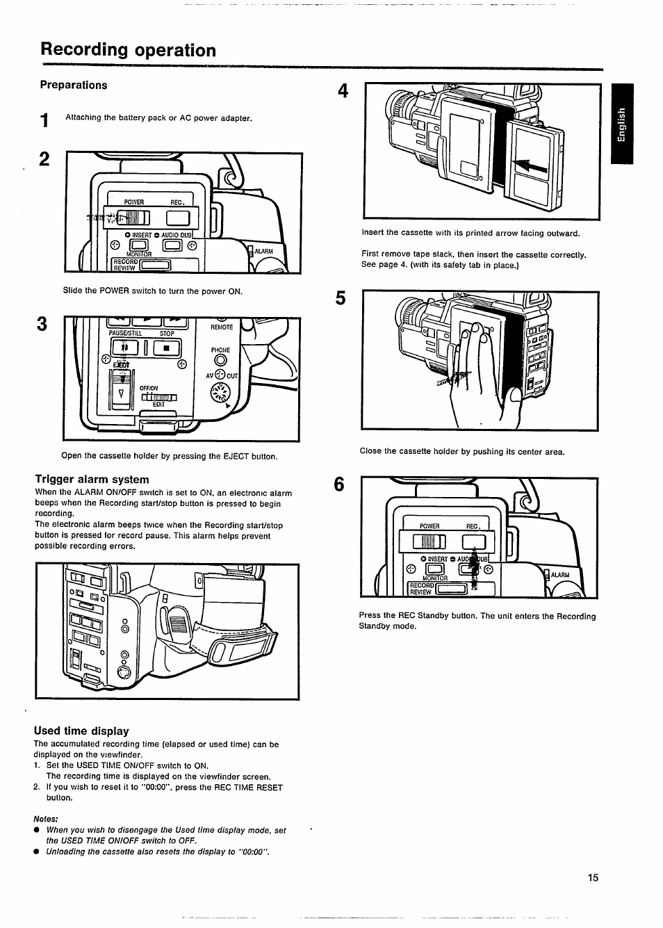 Recording operation, Preparations, Trigger alarm system | Used time display, Trigger aiarm system, Used time dispiay | Philips VKR 6865 User Manual | Page 17 / 42