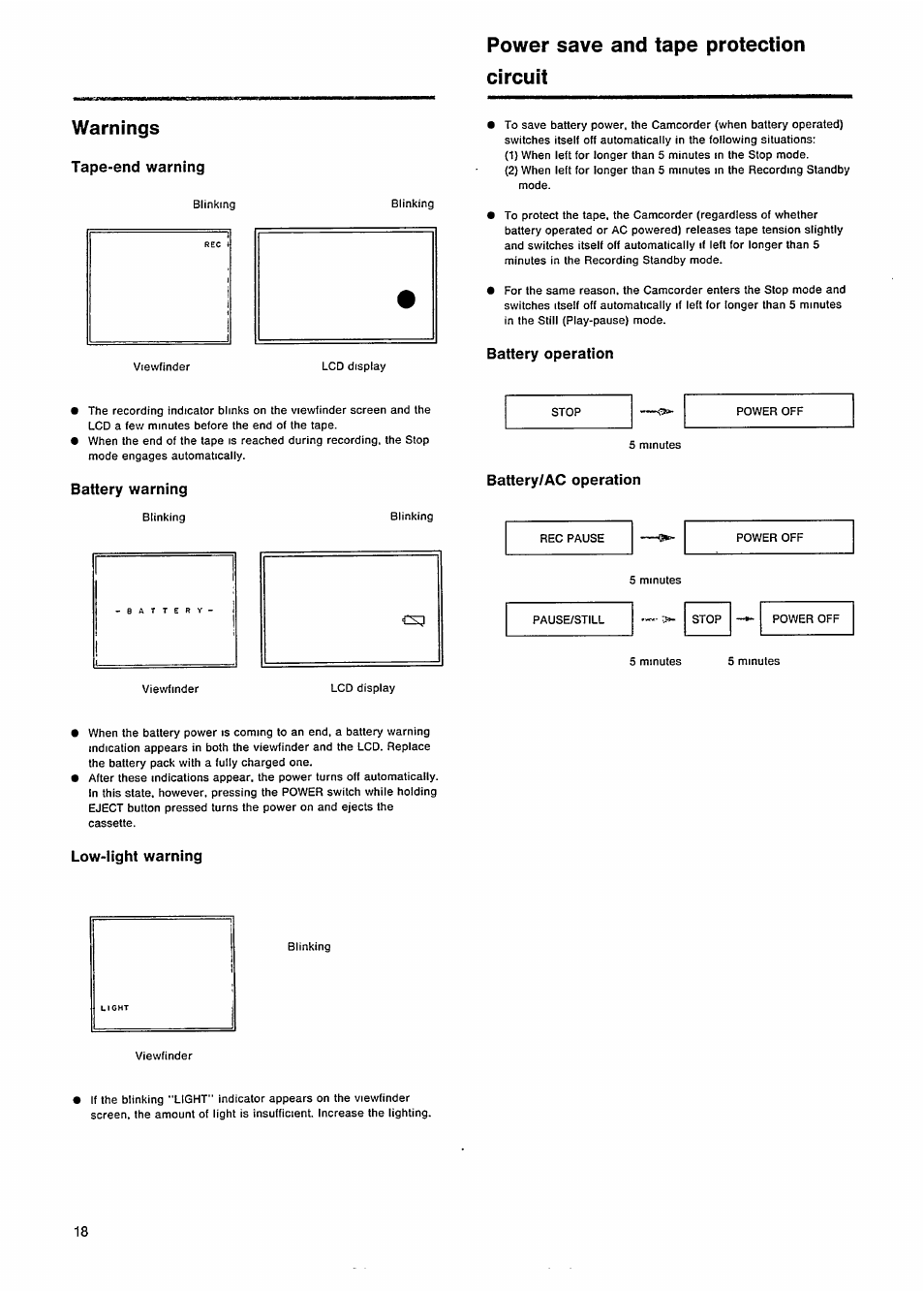 Warnings, Tape-end warning, Battery operation | Battery warning, Battery/ac operation, Low-light warning, Power save and tape protection circuit | Philips VKR 6865 User Manual | Page 20 / 42