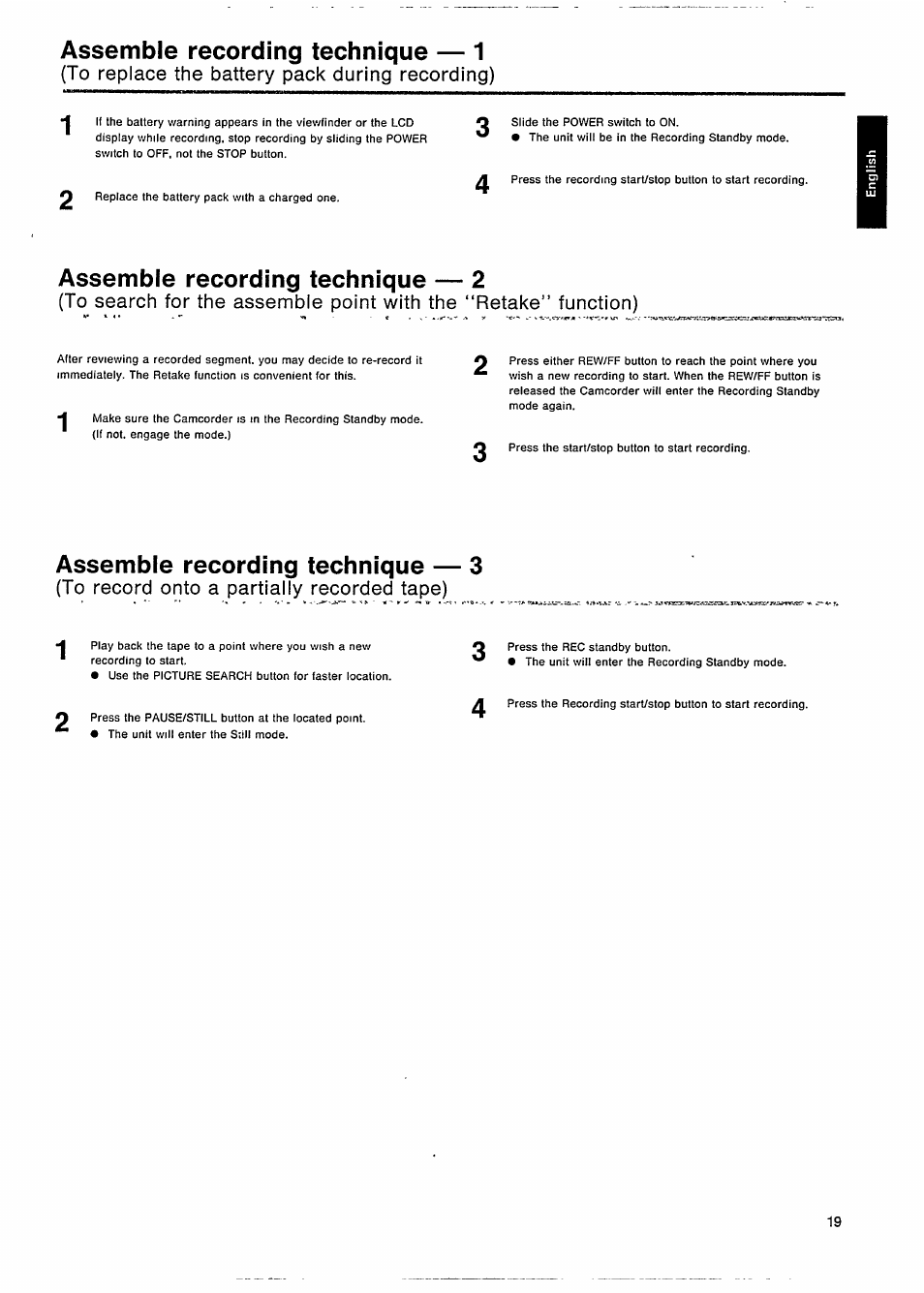 Assemble recording technique — 1, Assemble recording technique — 2, Assemble recording technique — 3 | Philips VKR 6865 User Manual | Page 21 / 42