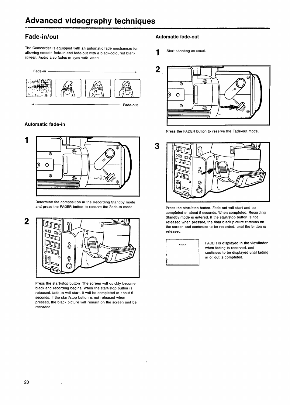 Advanced videography techniques, Fade-in/out, Automatic fade-in | Automatic fade-out | Philips VKR 6865 User Manual | Page 22 / 42