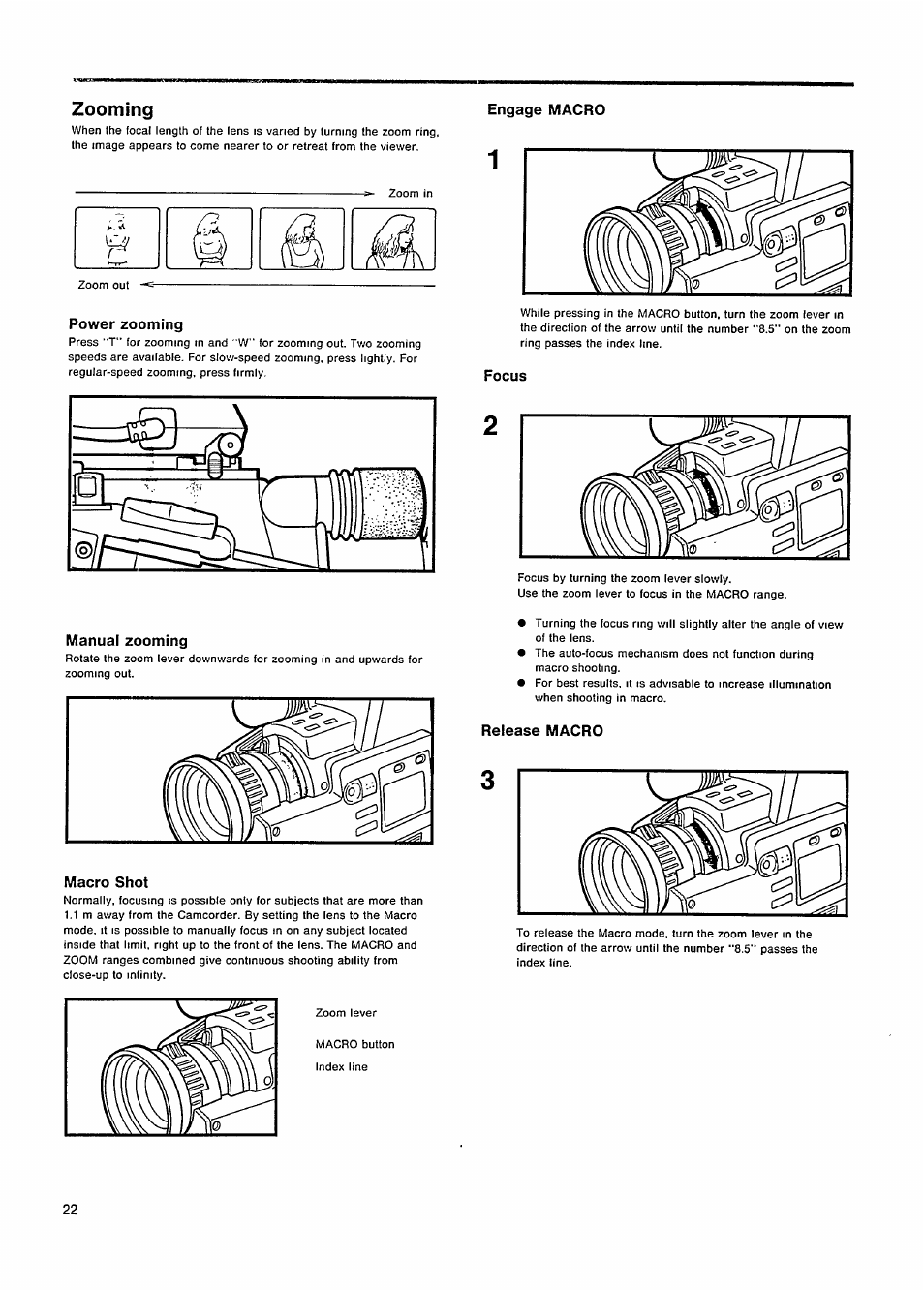 Zooming, Engage macro, Power zooming | Manual zooming, Macro shot, Focus, Release macro, Focus zooming | Philips VKR 6865 User Manual | Page 24 / 42