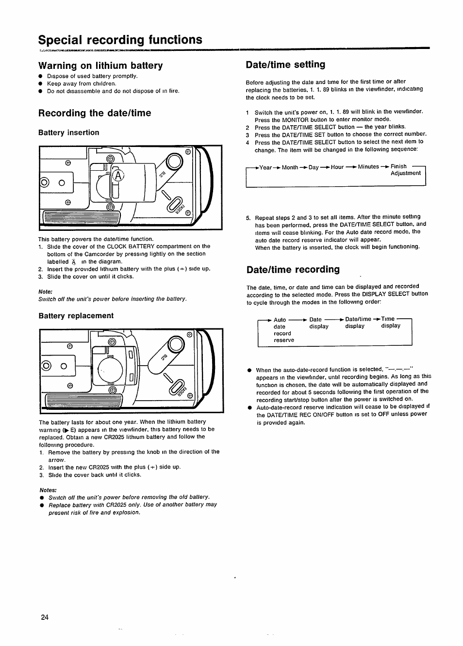 Special recording functions, Warning on lithium battery, Recording the date/time | Battery insertion, Battery replacement, Date/time setting, Date/time recording | Philips VKR 6865 User Manual | Page 26 / 42