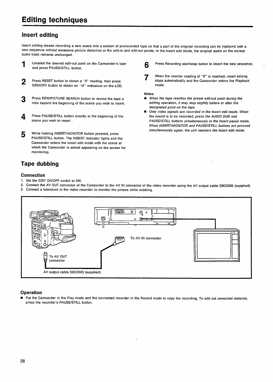 Editing techniques, Insert editing, Tape dubbing | Connection, Operation | Philips VKR 6865 User Manual | Page 30 / 42