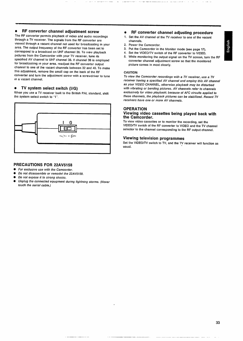 Rf converter channel adjustment screw, Tv system select switch (l/g), Rf converter channel adjusting procedure | Operation, Viewing teievision programmes, Precautions for 22av5158 | Philips VKR 6865 User Manual | Page 35 / 42