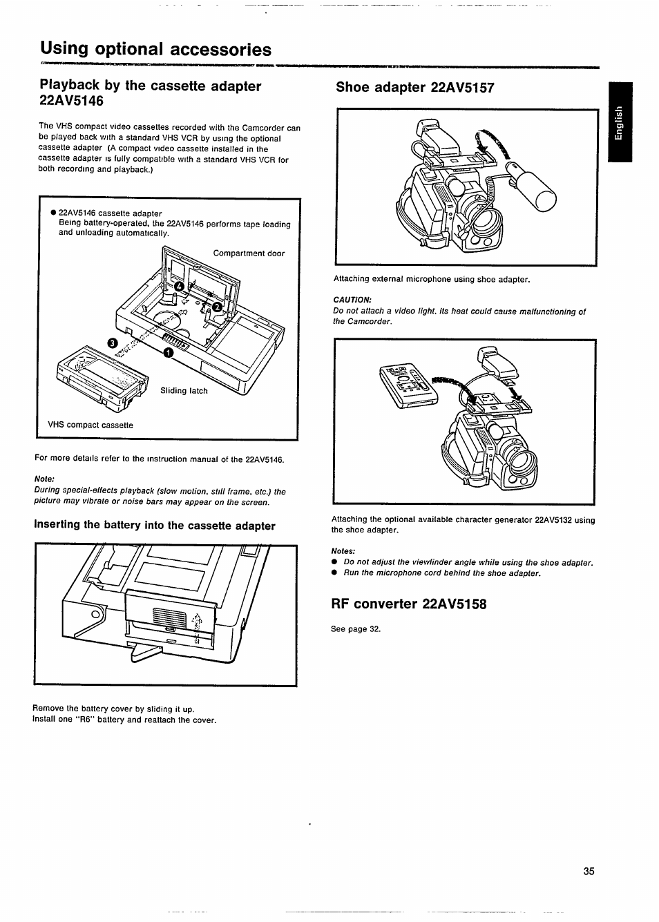 Using optional accessories, Playback by the cassette adapter 22av5146, Inserting the battery into the cassette adapter | Shoe adapter 22av5157, Rf converter 22av5158 | Philips VKR 6865 User Manual | Page 37 / 42