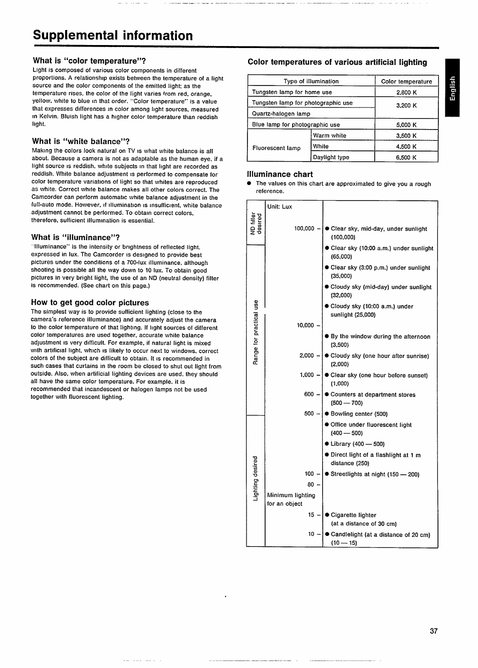 Supplemental information, What is “color temperature, What is “white balance | What is “iiluminance, How to get good color pictures, Color temperatures of various artificial lighting, Illuminance chart | Philips VKR 6865 User Manual | Page 39 / 42