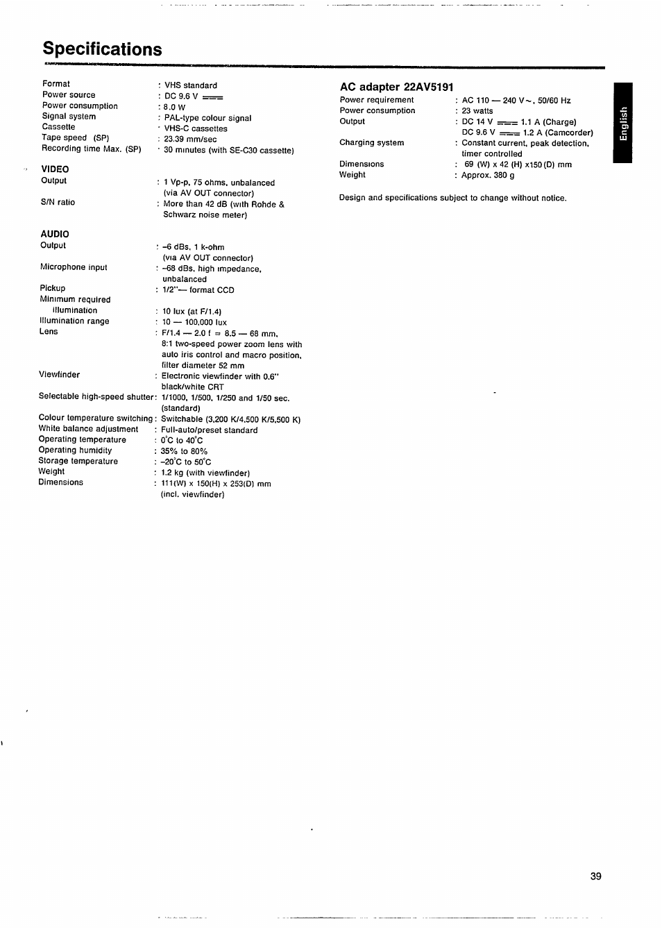 Specifications, Ac adapter 22av5191 | Philips VKR 6865 User Manual | Page 41 / 42