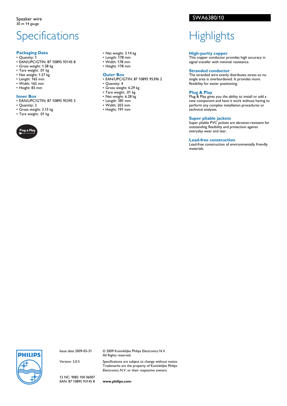 Specifications, Highlights | Philips SWA6380/10 User Manual | Page 2 / 2