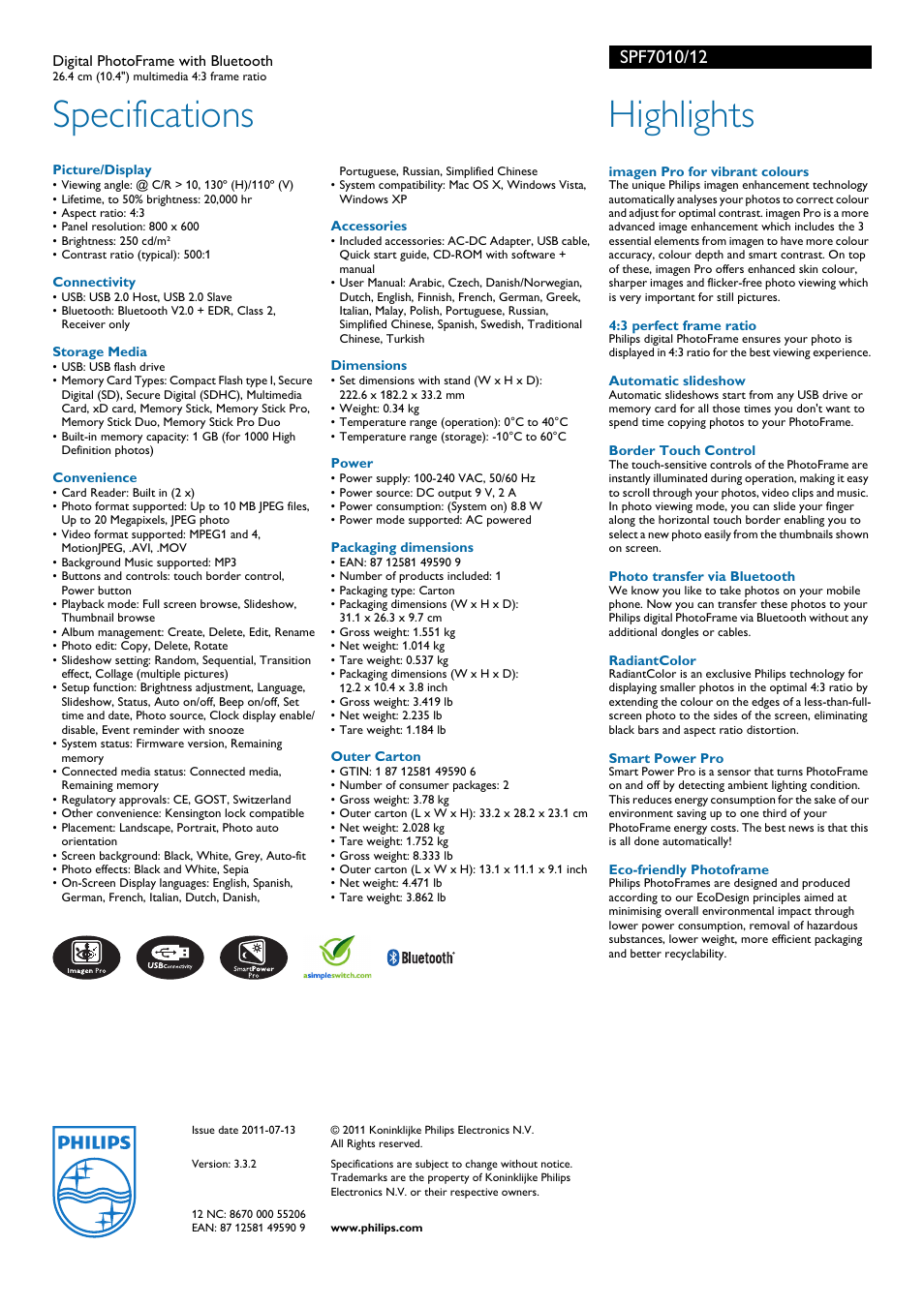 Specifications, Highlights | Philips SPF7010/12 User Manual | Page 2 / 2