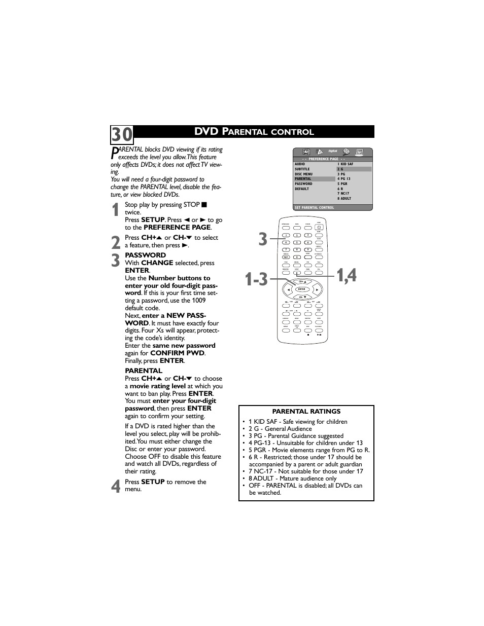 Dvd p, Arental control, Press setup to remove the menu | Philips 20DV6942/37 User Manual | Page 34 / 36