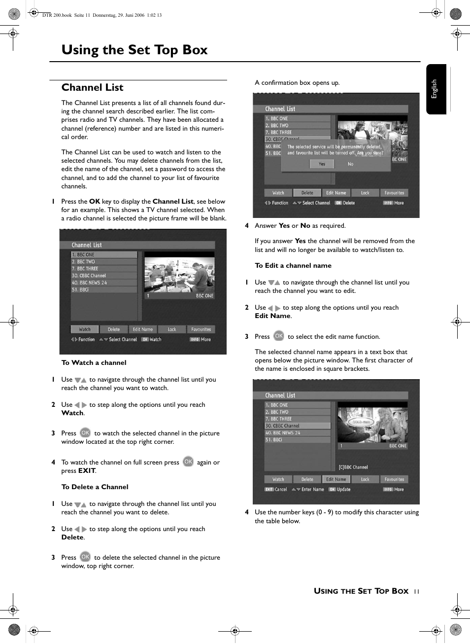 Using the set top box, Channel list | Philips DTR210 User Manual | Page 11 / 20