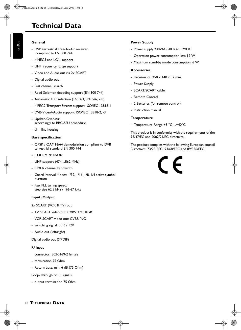 Technical data | Philips DTR210 User Manual | Page 18 / 20