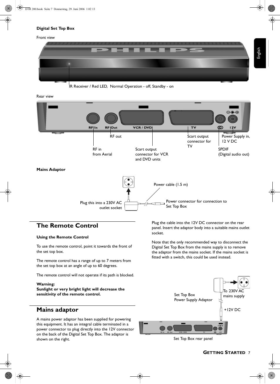 The remote control, Mains adaptor | Philips DTR210 User Manual | Page 7 / 20