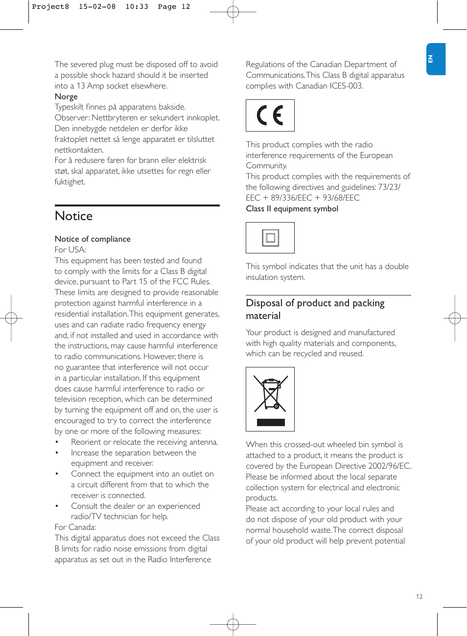 Notice, Disposal of product and packing material | Philips Stremium Wireless Music Station WAS6050 User Manual | Page 15 / 17